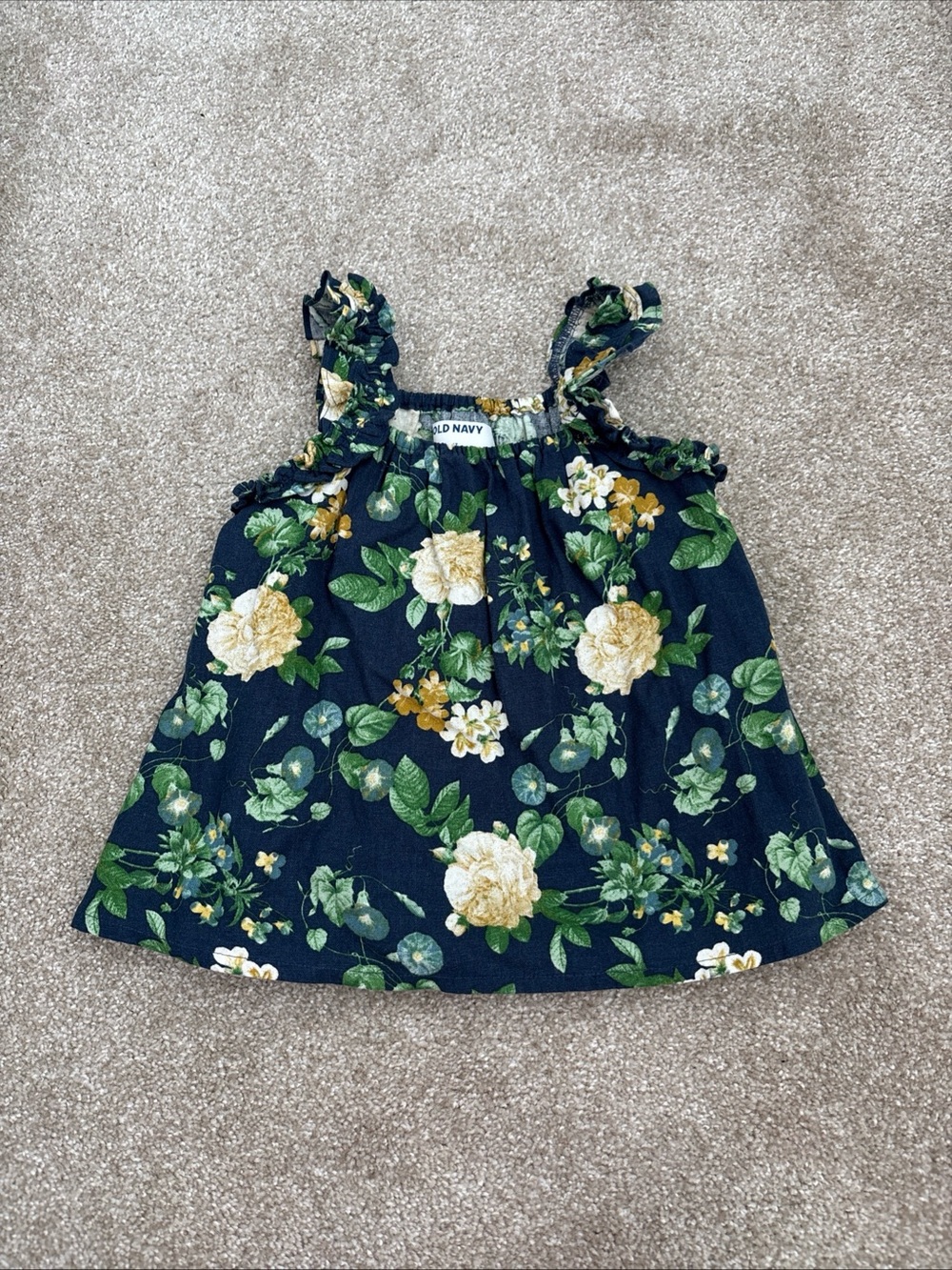 Old Navy Linen Blend Top Girls 4T Yellow Floral Blue Sleeveless Ruffle Tank Top